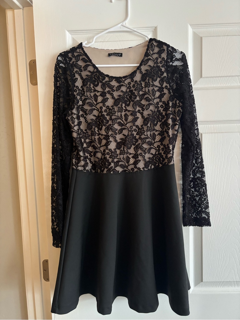 NWOT Venus Black Lace Bodice Long Sleeve Skater Dress
